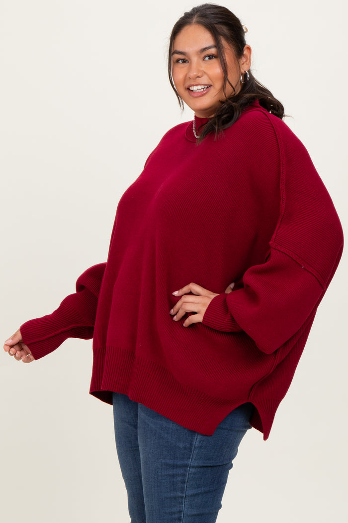 Burgundy Mock Neck Exposed Seam Sweater