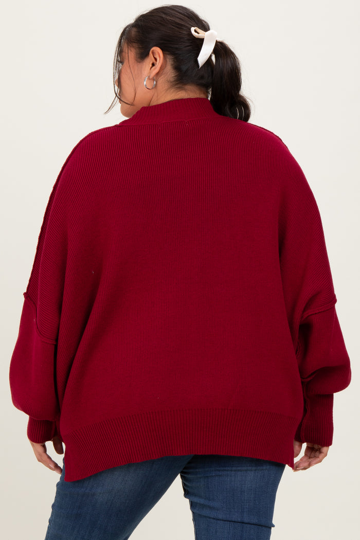 Burgundy Mock Neck Exposed Seam Sweater