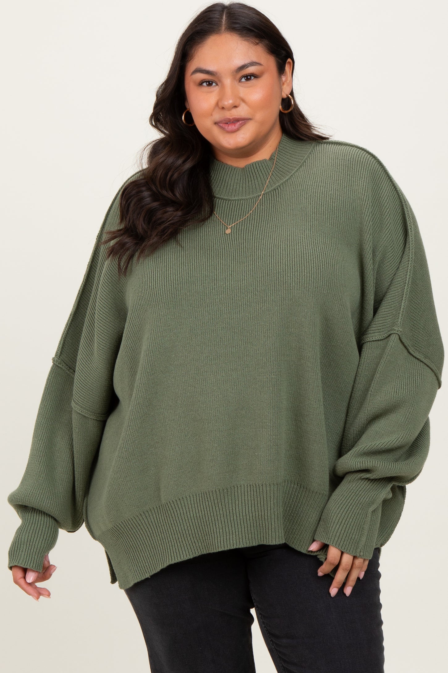 Light Olive Mock Neck Exposed Seam Sweater