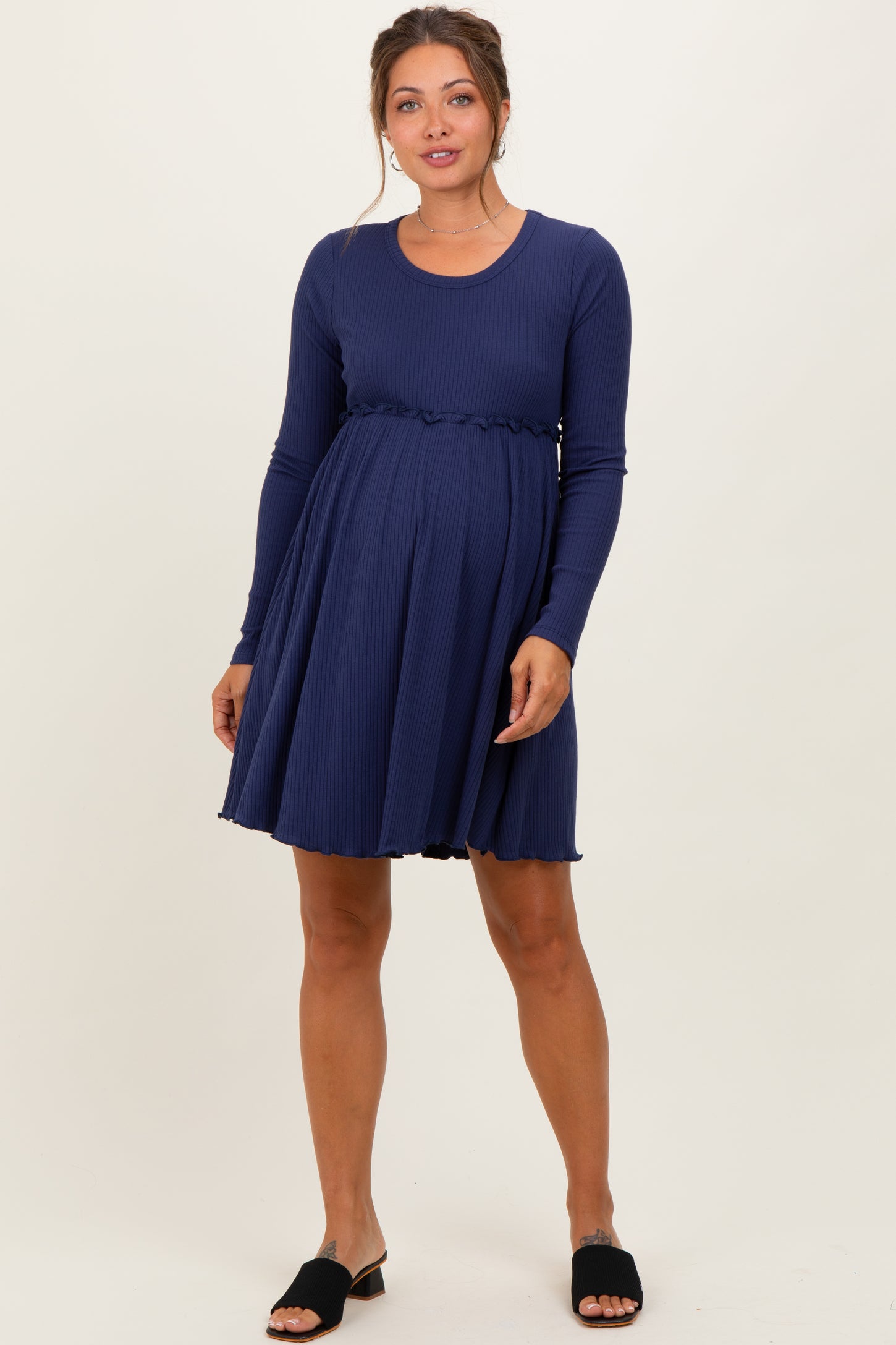 Navy Solid Ribbed Long Sleeve Crewneck Shirring Maternity Mini Dress