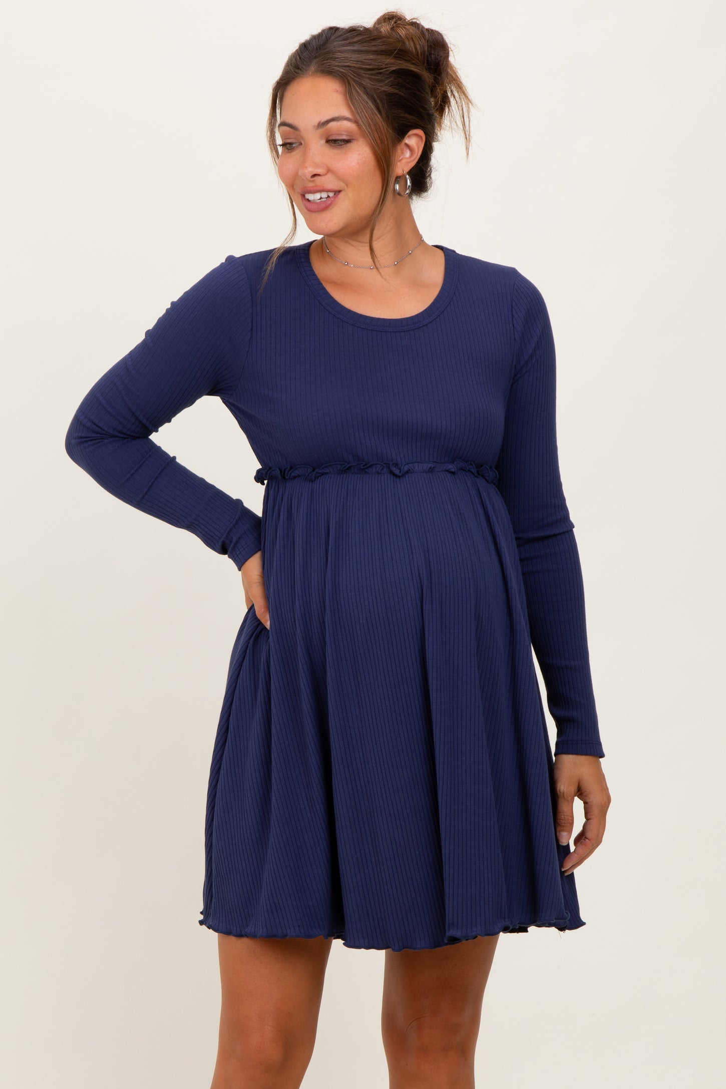 Navy Solid Ribbed Long Sleeve Crewneck Shirring Maternity Mini Dress