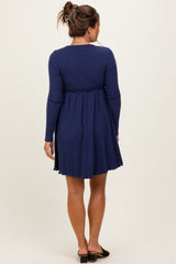 Navy Solid Ribbed Long Sleeve Crewneck Shirring Maternity Mini Dress