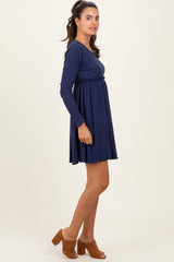 Navy Solid Ribbed Long Sleeve Crewneck Shirring Mini Dress