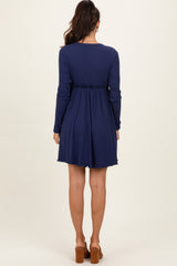 Navy Solid Ribbed Long Sleeve Crewneck Shirring Mini Dress