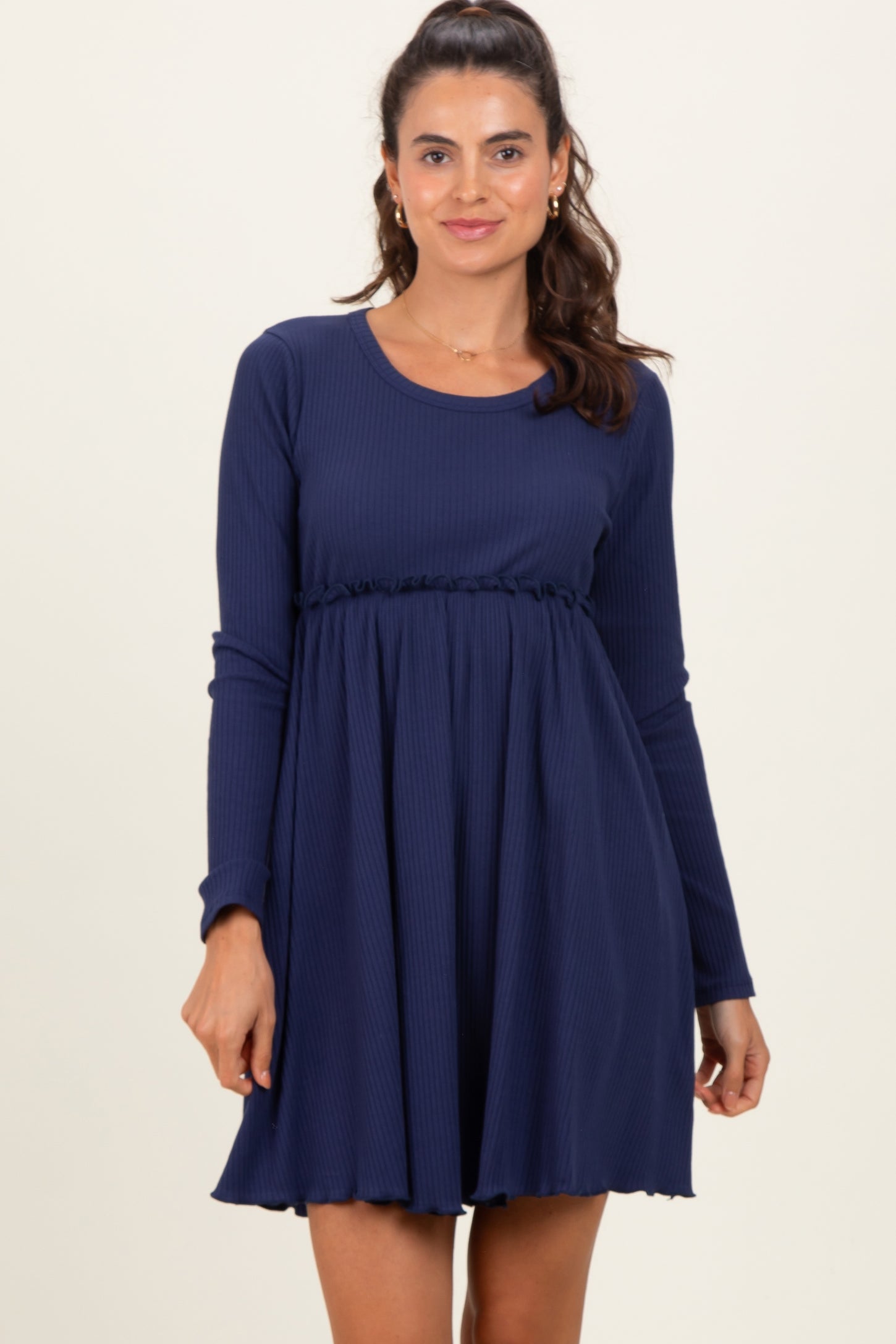 Navy Solid Ribbed Long Sleeve Crewneck Shirring Mini Dress