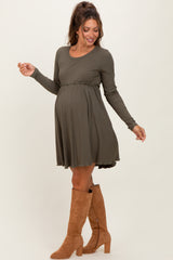 Olive Solid Ribbed Long Sleeve Crewneck Shirring Maternity Mini Dress
