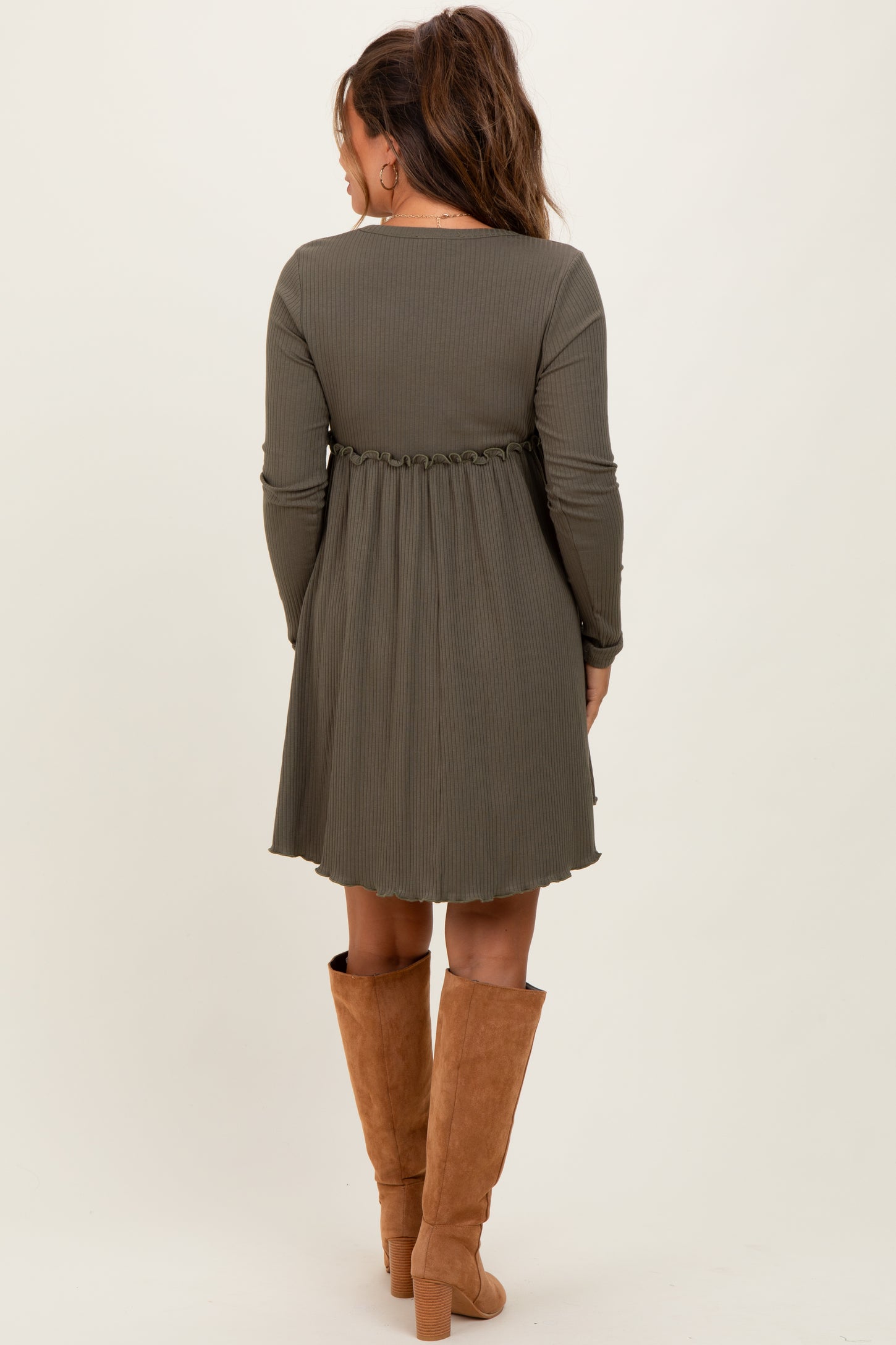 Olive Solid Ribbed Long Sleeve Crewneck Shirring Maternity Mini Dress
