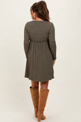 Olive Solid Ribbed Long Sleeve Crewneck Shirring Maternity Mini Dress