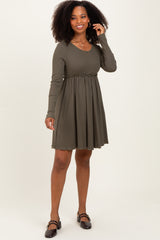Olive Solid Ribbed Long Sleeve Crewneck Shirring Mini Dress