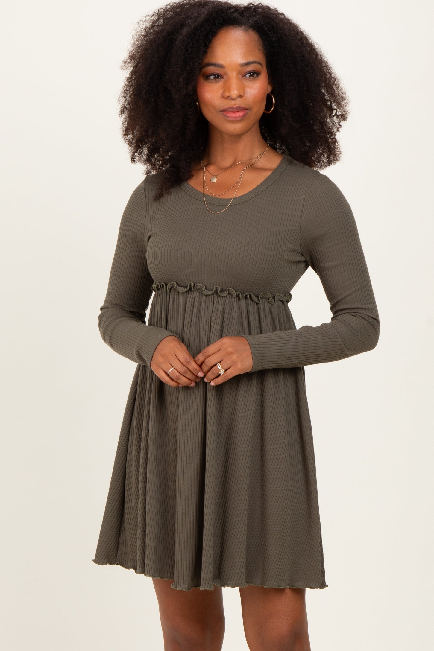 Olive Solid Ribbed Long Sleeve Crewneck Shirring Mini Dress