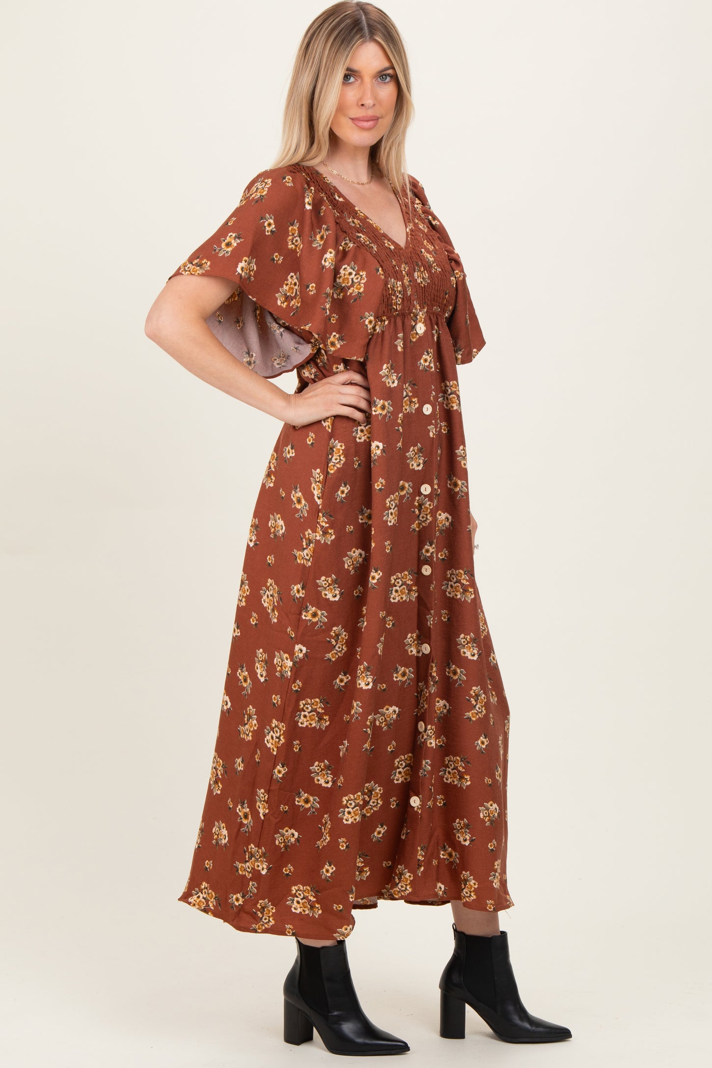 Brown Vintage Floral Woven Short Skleeve V-Neck Button Maxi Dress