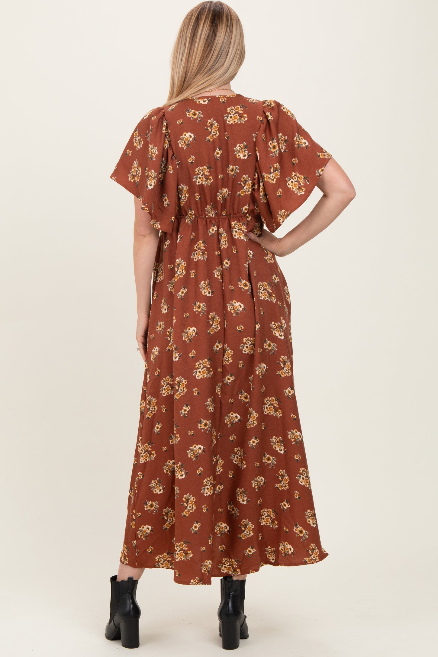 Brown Vintage Floral Woven Short Skleeve V-Neck Button Maxi Dress