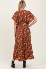 Brown Vintage Floral Woven Short Skleeve V-Neck Button Maxi Dress