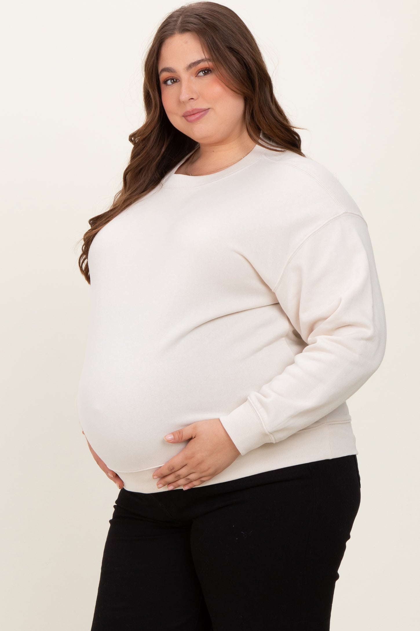 Cream Basic Fleece Crewneck Maternity Sweatshirt