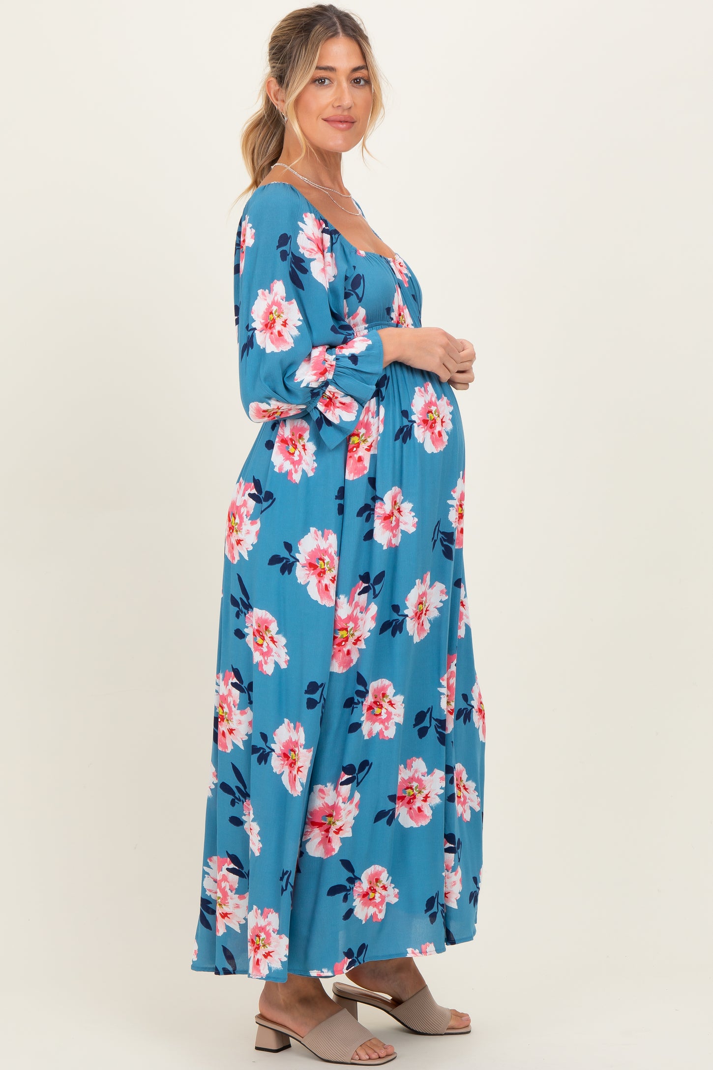 Light Blue Floral Long Sleeve Square Neck Smocked Maternity Maxi Dress