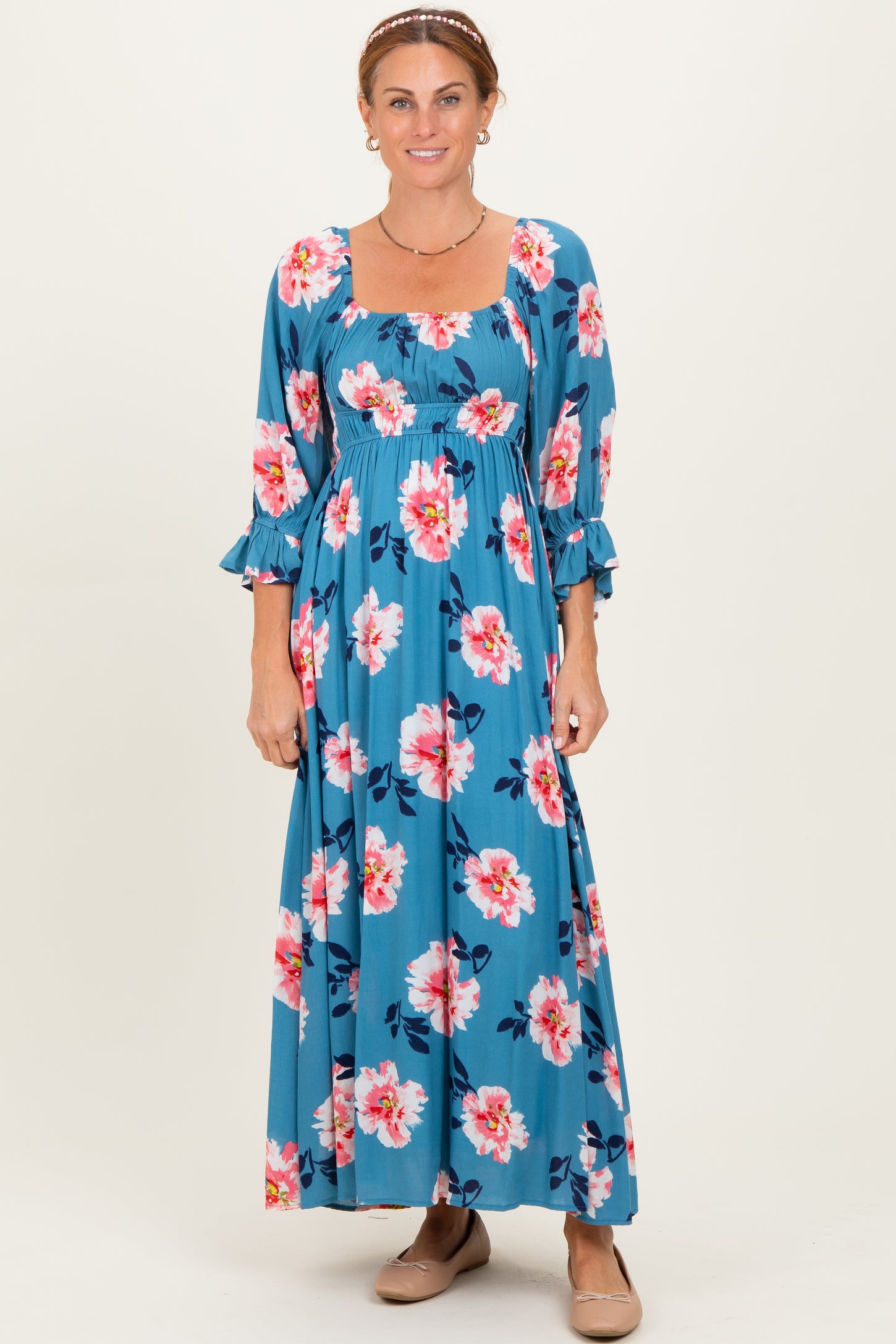 Light Blue Floral Long Sleeve Square Neck Smocked Maxi Dress