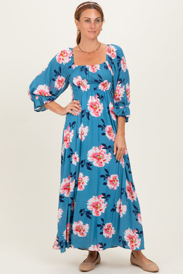 Light Blue Floral Long Sleeve Square Neck Smocked Maxi Dress