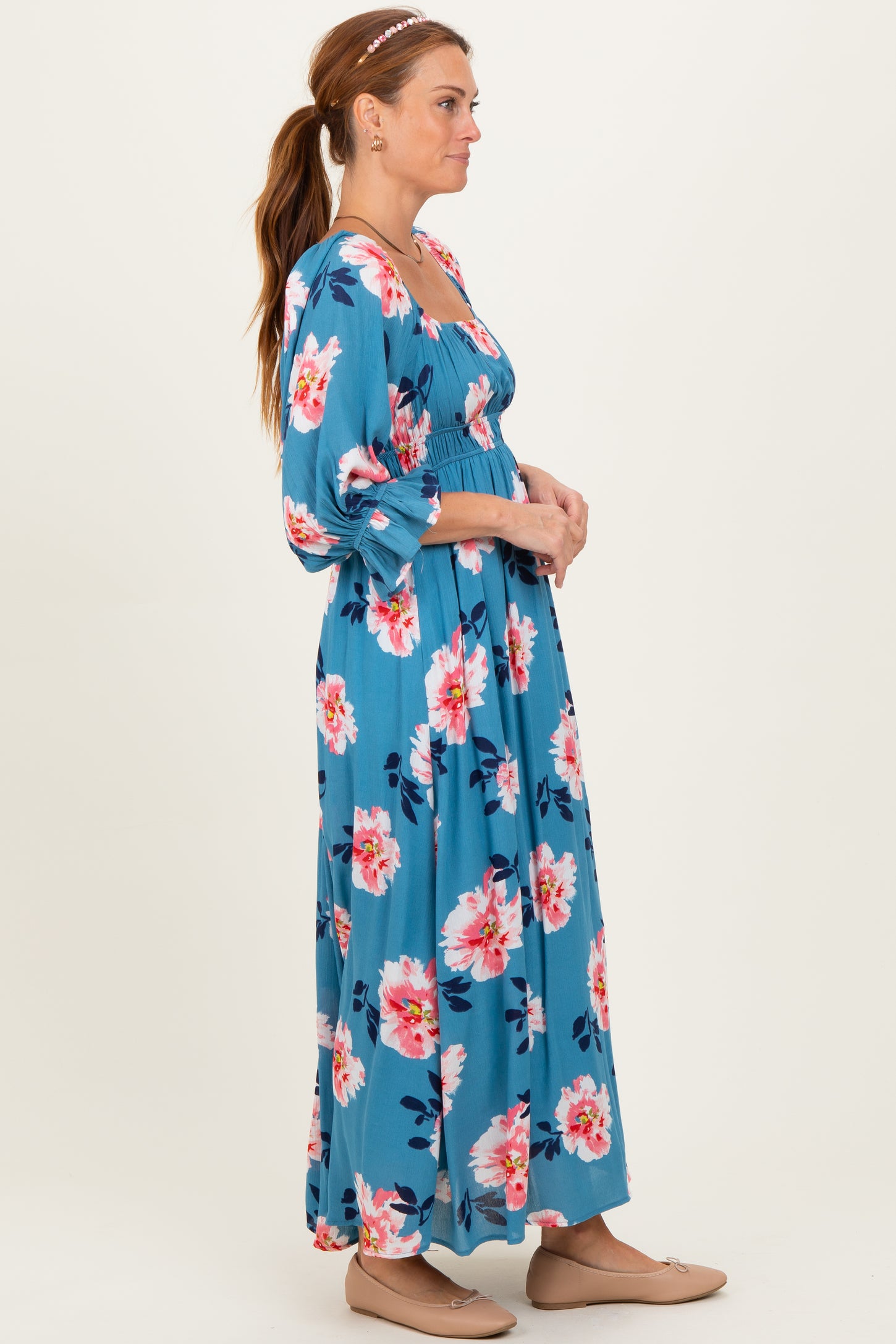 Light Blue Floral Long Sleeve Square Neck Smocked Maxi Dress