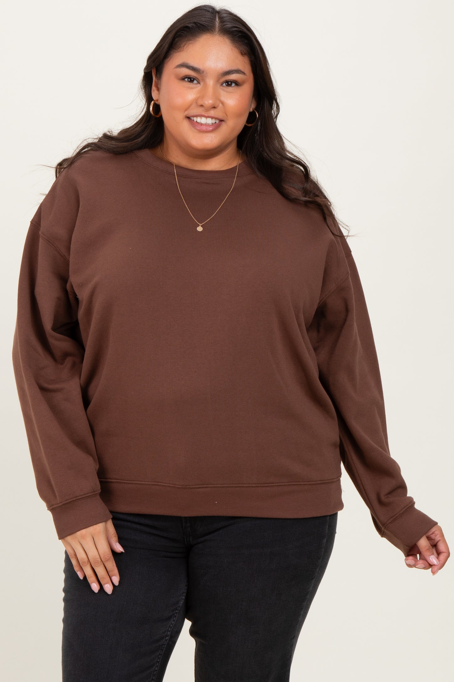 Brown Basic Fleece Crewneck Maternity Sweatshirt