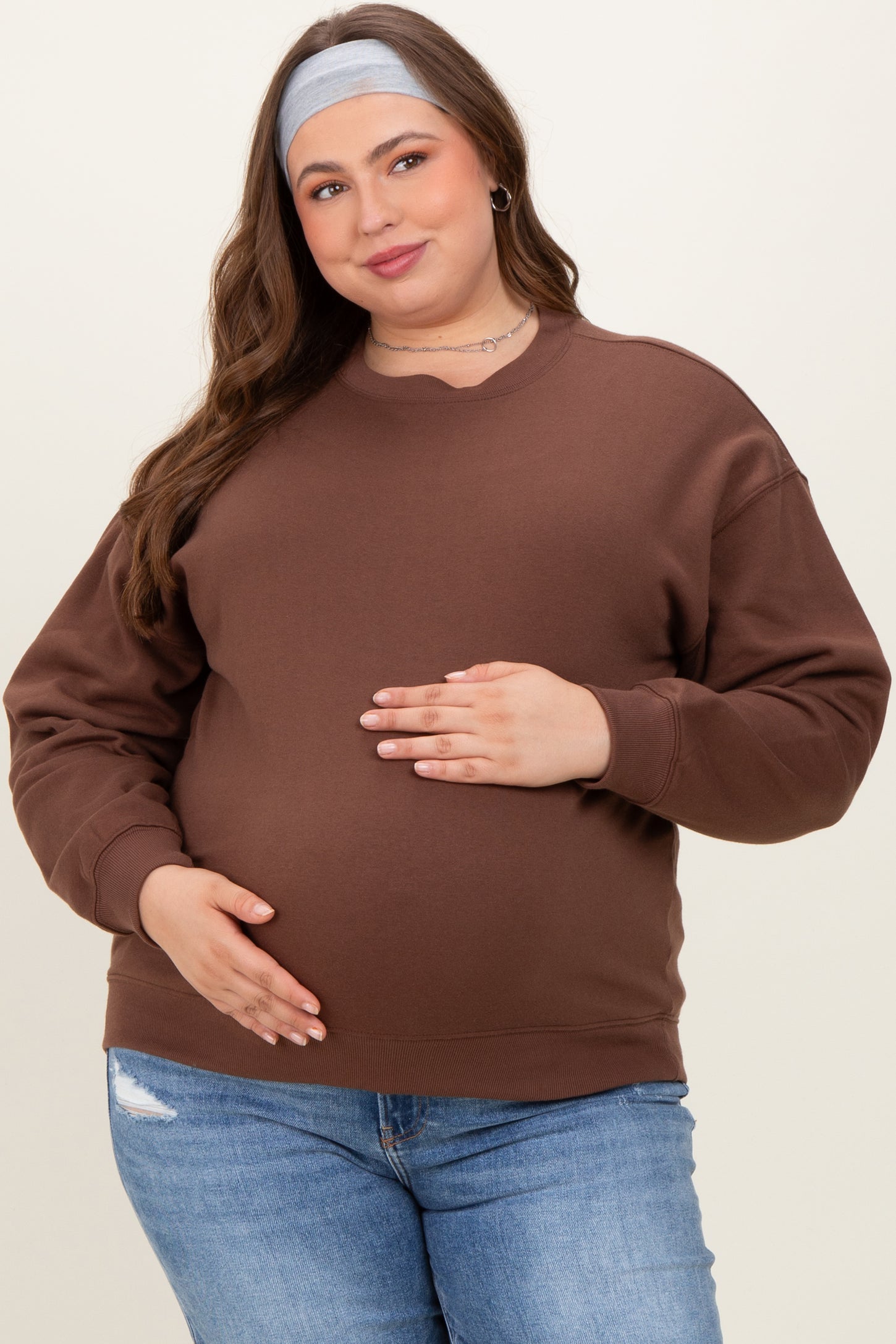 Brown Basic Fleece Crewneck Maternity Sweatshirt