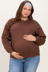 Brown Basic Fleece Crewneck Maternity Sweatshirt
