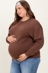 Brown Basic Fleece Crewneck Maternity Sweatshirt
