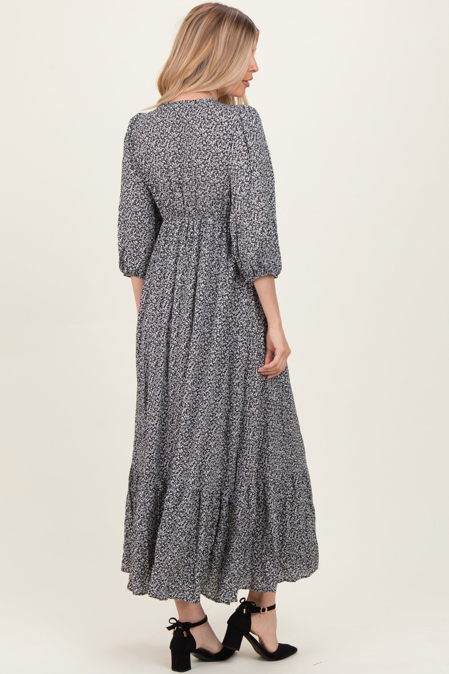 Black Ditzy Floral Long Sleeve Ruffle V-Neck Tiered Maxi Dress