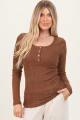 Brown Solid Ribbed Brushed Long Sleeve Button Down Round Neck Top
