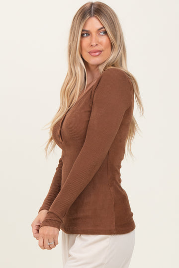 Brown Solid Ribbed Brushed Long Sleeve Button Down Round Neck Top