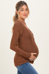 Brown Solid Ribbed Brushed Long Sleeve Button Down Round Neck Maternity Top