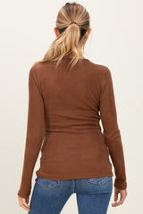 Brown Solid Ribbed Brushed Long Sleeve Button Down Round Neck Maternity Top