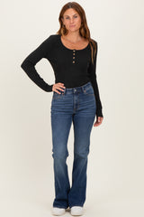 Black Solid Ribbed Brushed Long Sleeve Button Down Round Neck Top