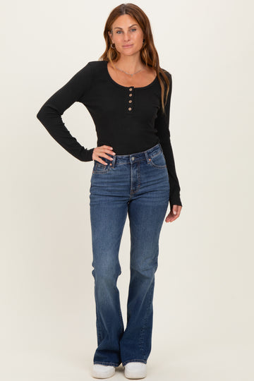 Black Solid Ribbed Brushed Long Sleeve Button Down Round Neck Top