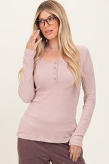 Beige Solid Ribbed Brushed Long Sleeve Button Down Round Neck Maternity Top