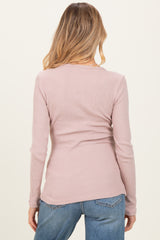 Beige Solid Ribbed Brushed Long Sleeve Button Down Round Neck Maternity Top