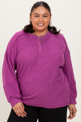 Plum Oversized Ribbed Knit Henley Plus Sweater