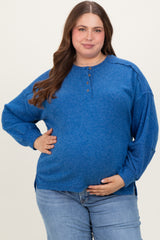Light Navy Oversized Ribbed Knit Henley Maternity Plus Sweater