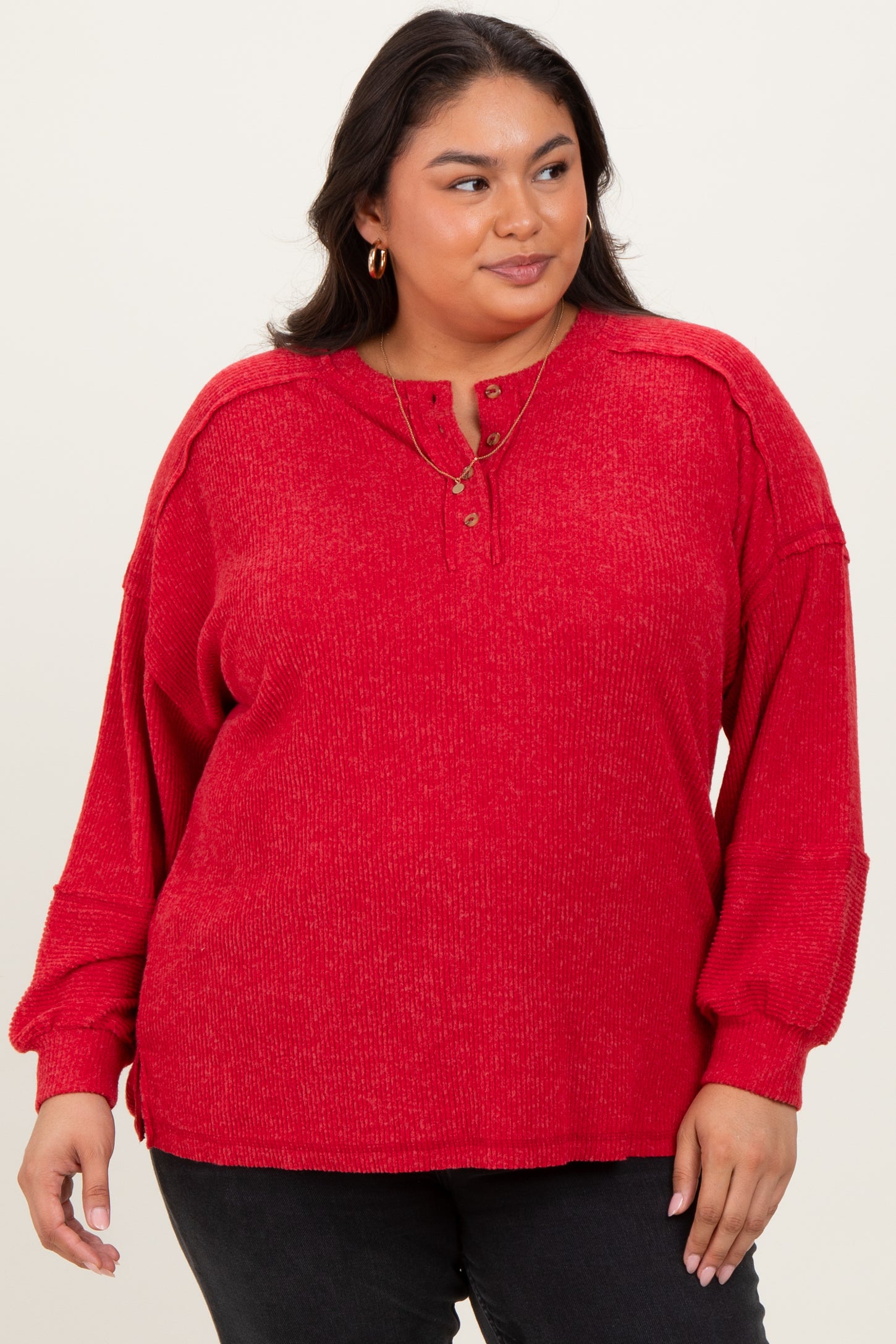 Red Oversized Ribbed Knit Henley Plus Sweater