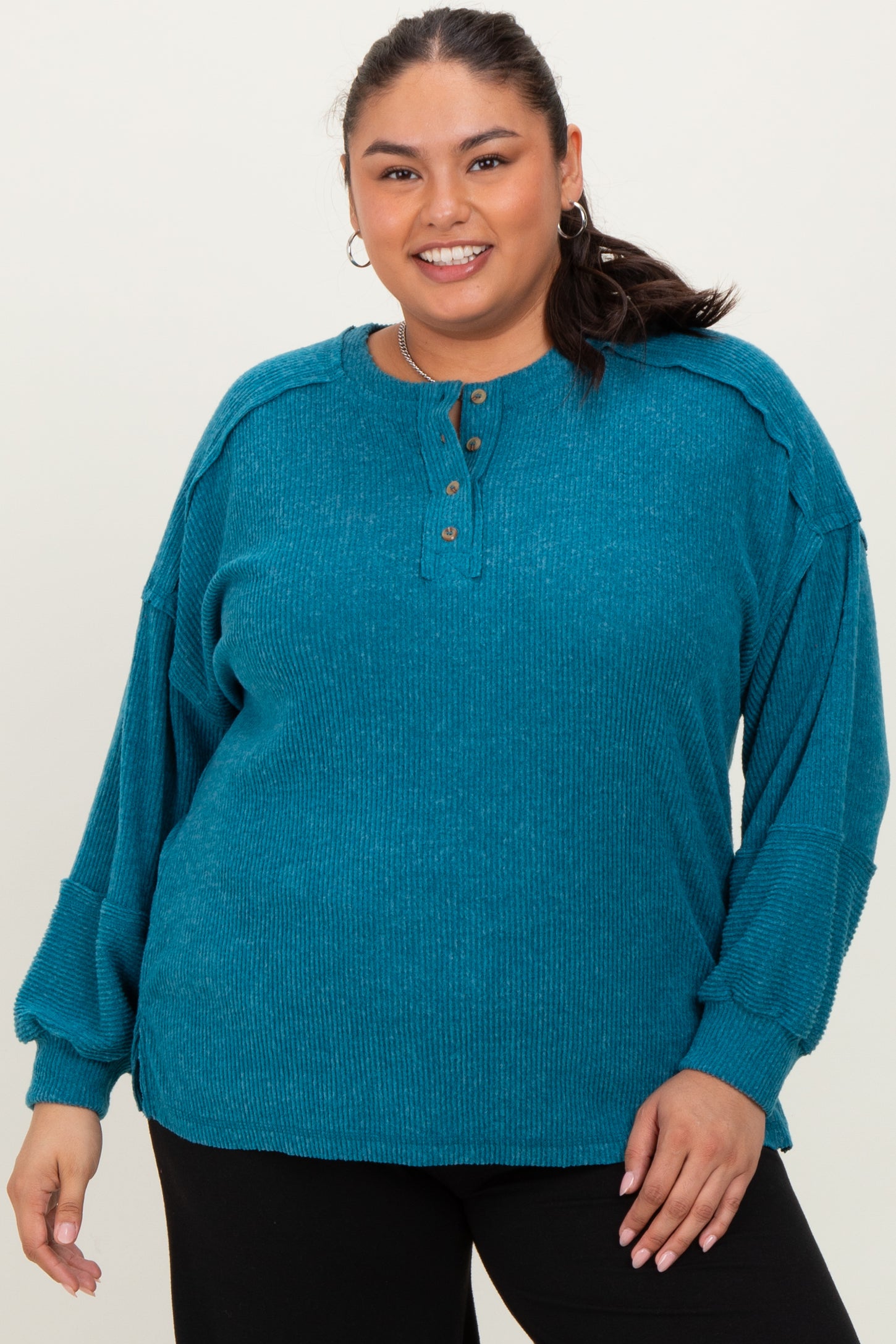 Teal Oversized Ribbed Knit Henley Maternity Plus Sweater