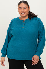 Teal Oversized Ribbed Knit Henley Plus Sweater