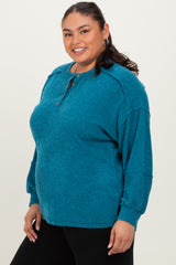 Teal Oversized Ribbed Knit Henley Plus Sweater