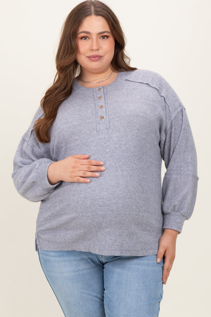Heather Grey Oversized Ribbed Knit Henley Maternity Plus Sweater