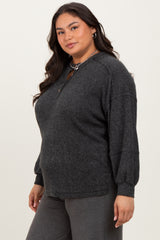Charcoal Oversized Ribbed Knit Henley Plus Sweater