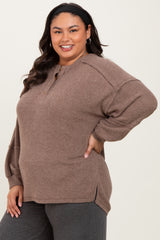Mocha Oversized Ribbed Knit Henley Plus Sweater