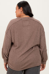 Mocha Oversized Ribbed Knit Henley Plus Sweater