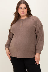 Mocha Oversized Ribbed Knit Henley Maternity Plus Sweater