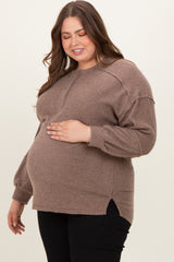 Mocha Oversized Ribbed Knit Henley Maternity Plus Sweater