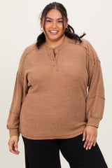 Camel Oversized Ribbed Knit Henley Plus Sweater