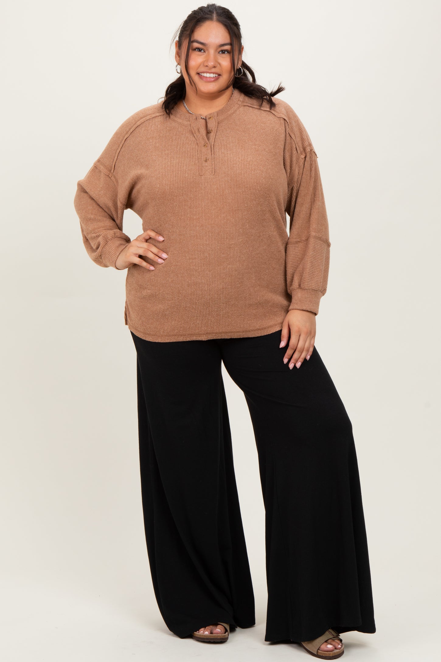 Camel Oversized Ribbed Knit Henley Plus Sweater