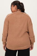 Camel Oversized Ribbed Knit Henley Plus Sweater